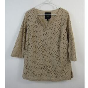 Talbots Woman 12 Beige Top With Eyelet Overlay 3/4 Sleeves Contemporary Neutral